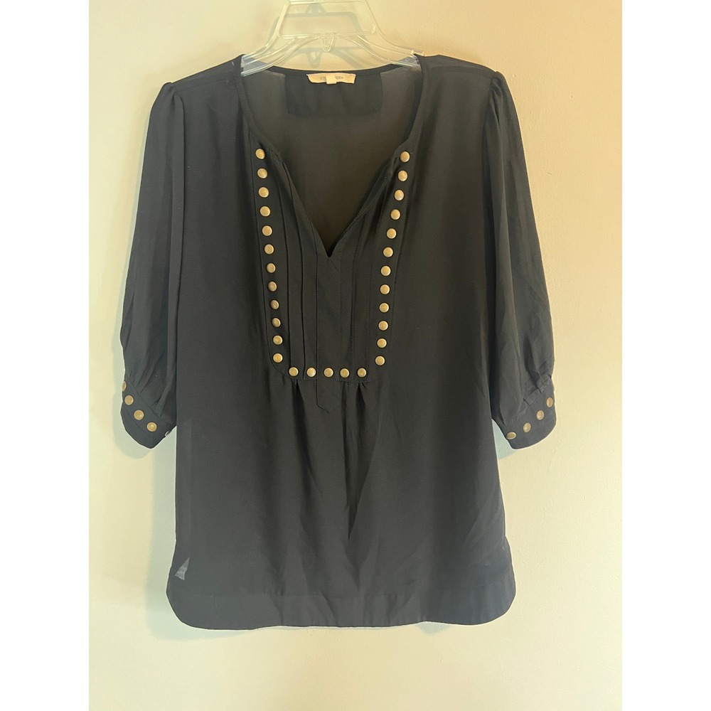 41 Hawthorn Black Studded V-Neck Pleated 3/4 Sleeve Blouse Top Large